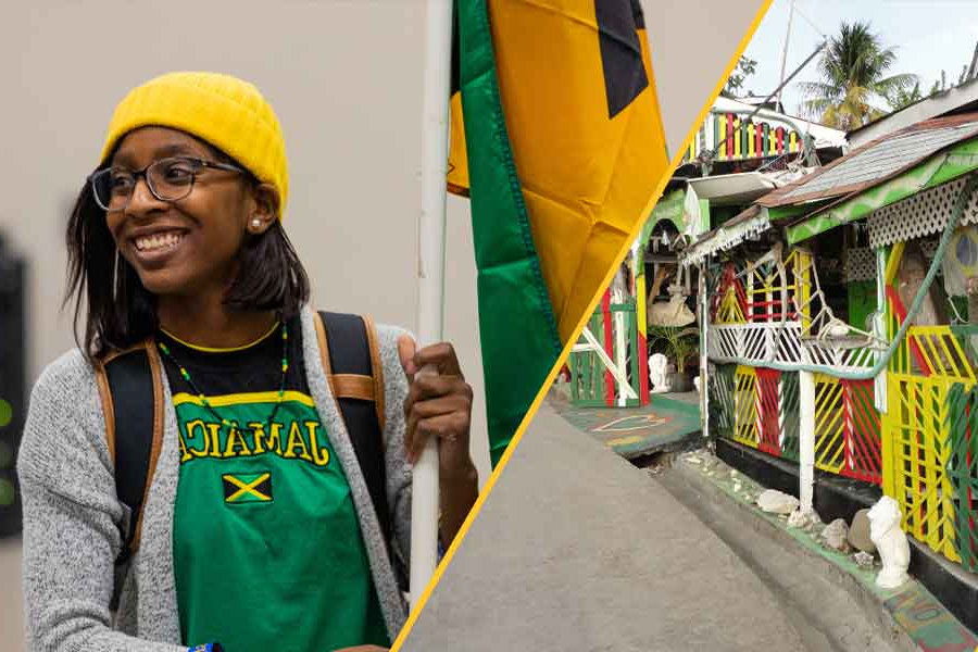 正规博彩十大网站排名的牙买加建筑拼贴画和学生穿着印有国旗的牙买加衬衫.